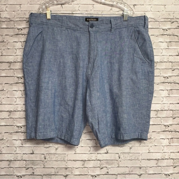 Express Other - Express Size 38 Men's Linen Blend Shorts Classic Fit Blue Pockets Dress Casual